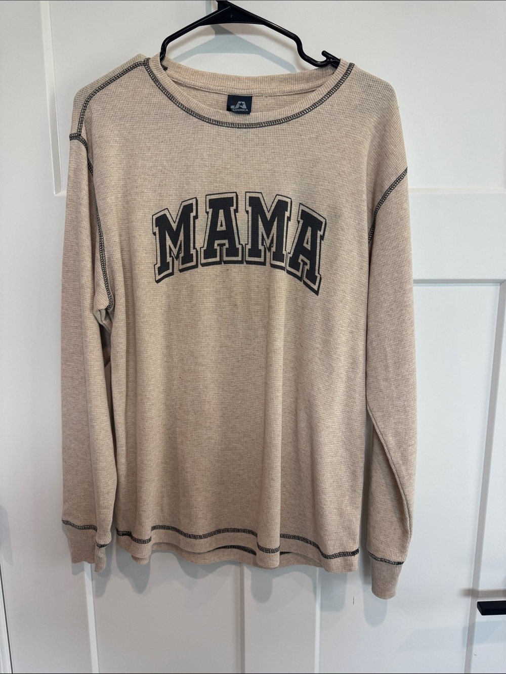 J. America Beige Waffle Knit Top with Black Tag Detail